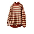 thumbnail image 4 of PiGOGI Women's Striped Half Turtleneck Sweater Orange White Knit Pullover Loose Fit Casual Long Sleeve Fall Winter Top Orange S, 4 of 5