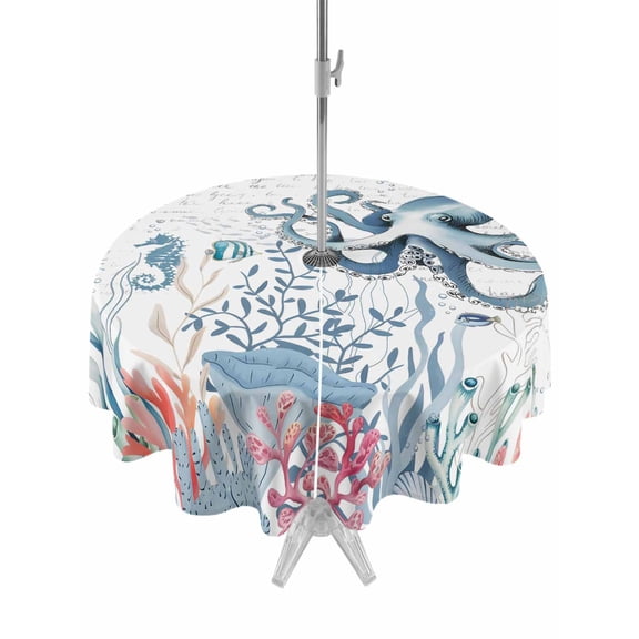 Outdoor Tablecloths with Umbrella Hole & Zipper, Octopus Coastal Round Tablecloth 54 Inch, Beach Nautical Ocean Coral Seahorse Vintage Waterproof Table Cloth, Patio/Pool/Picnic Table Covers