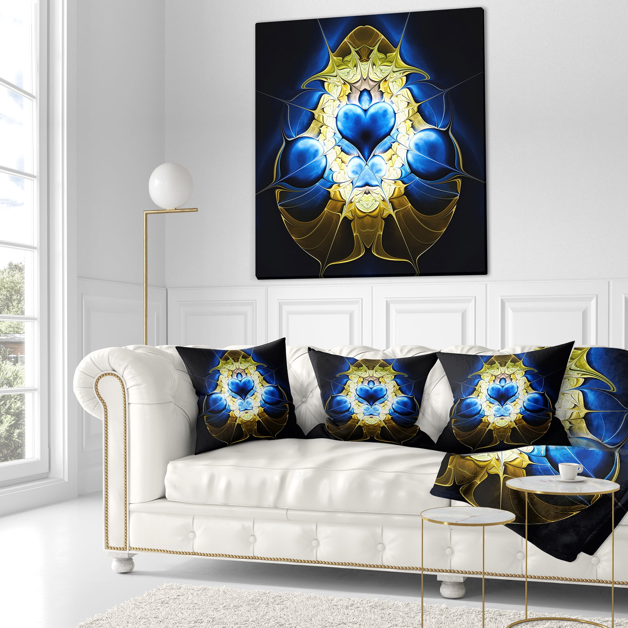 Designart Large Blue Gold Symmetrical Fractal Heart - Abstract Throw Pillow - 18x18
