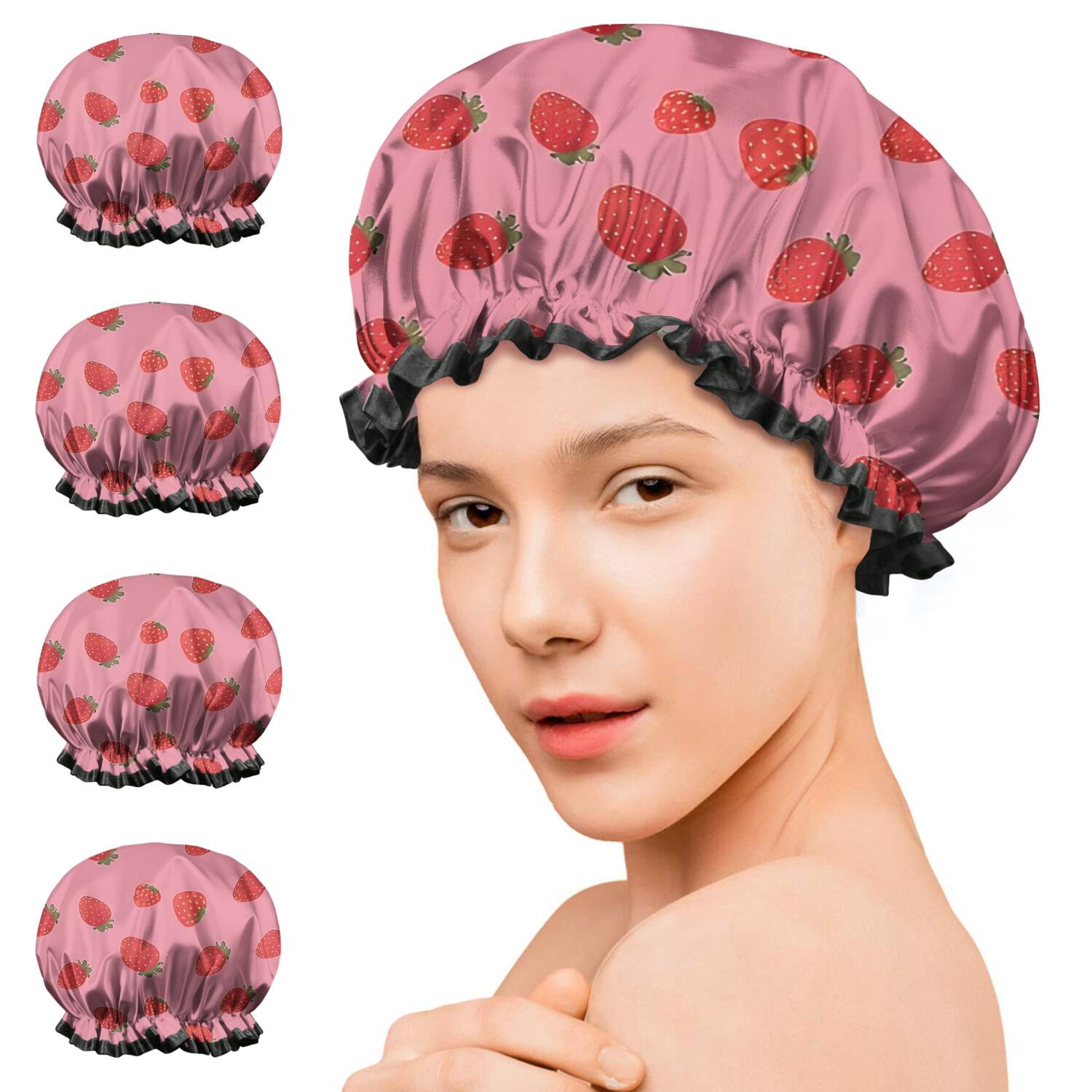 Shower Caps,Red Strawberry Plants Fruit Pink Pattern Waterproof Shower Cap for Women 4 Pieces,Double Reusable Hair Cover for Shower PEVA Elastic Stretch Hem