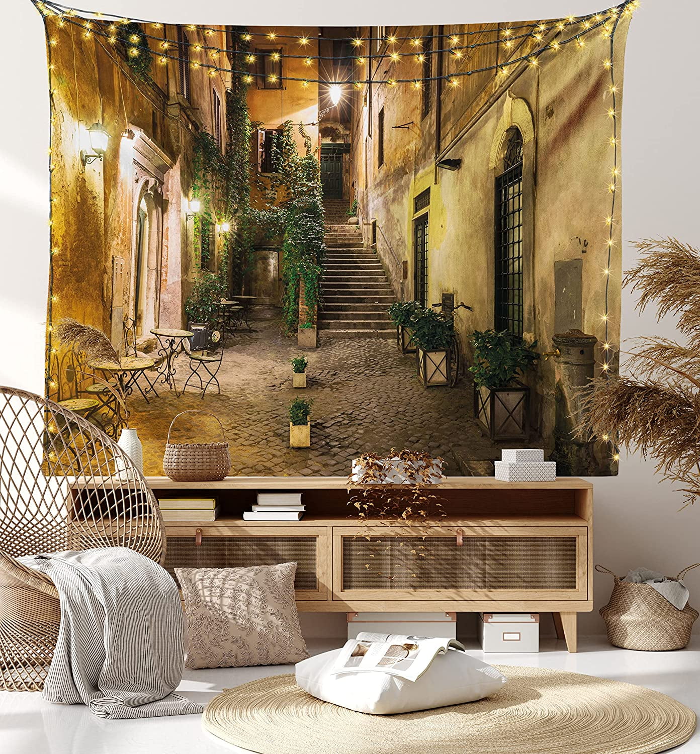 Italian Tapestry, Old Courtyard Rome Italy Cafe Chairs City