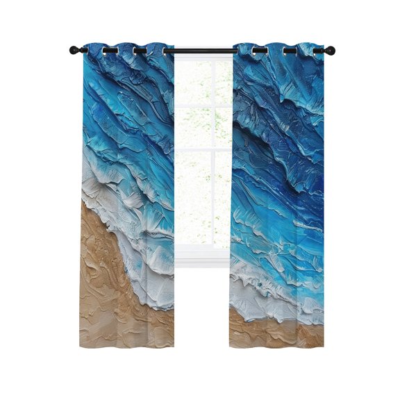 Coastal Ocean Blackout Curtains 2 Panels Set Beach Dark Blue Waves Gradient Oil Painting Thermal Insulated Privacy Black Out Drapes Window Curtain for Living Room Bedroom 42 x 45 Inch