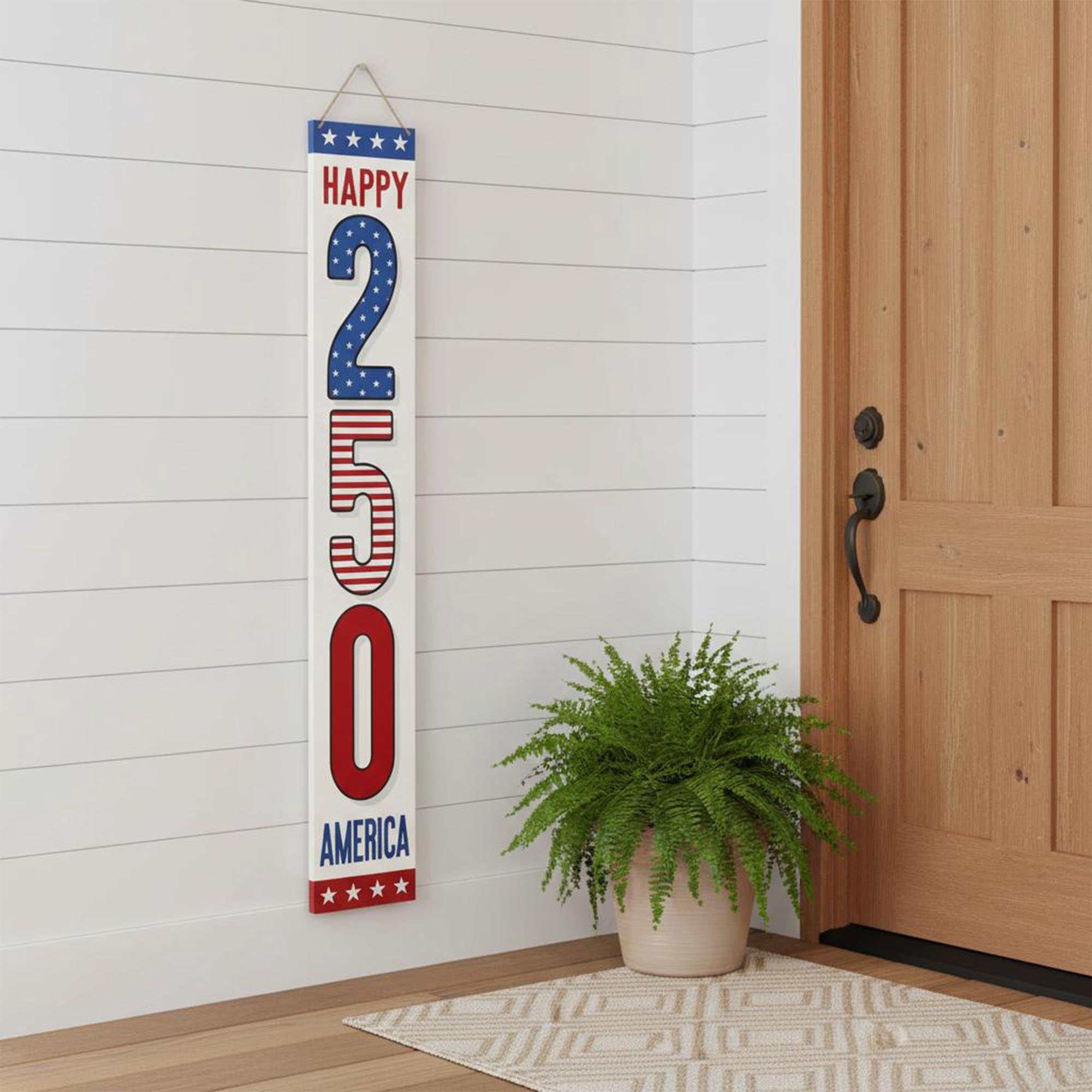 Double-Sided Happy 250 America/Hello Summer Wooden Porch Leaner Sign with Rope Hanger, Multicolor, 60", Patriotic by Way To Celebrate