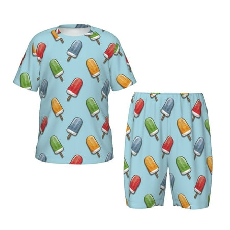 Luyuia Modern Ice Cream Print Girls  2-Piece Tie-Dye Pajama Set  Cute Summer Loungewear with Shirt and Tank Shorts Nightwear-Medium