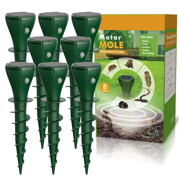 Decksplore 8 Pack Solar Powered Mole Trap with Screw-Shape Stakes, Mole Repellent, Ultrasonic Mouse Repellent, Safe and Effective Big Rats Controlfor Garden, Lawn, Yard, Farmland