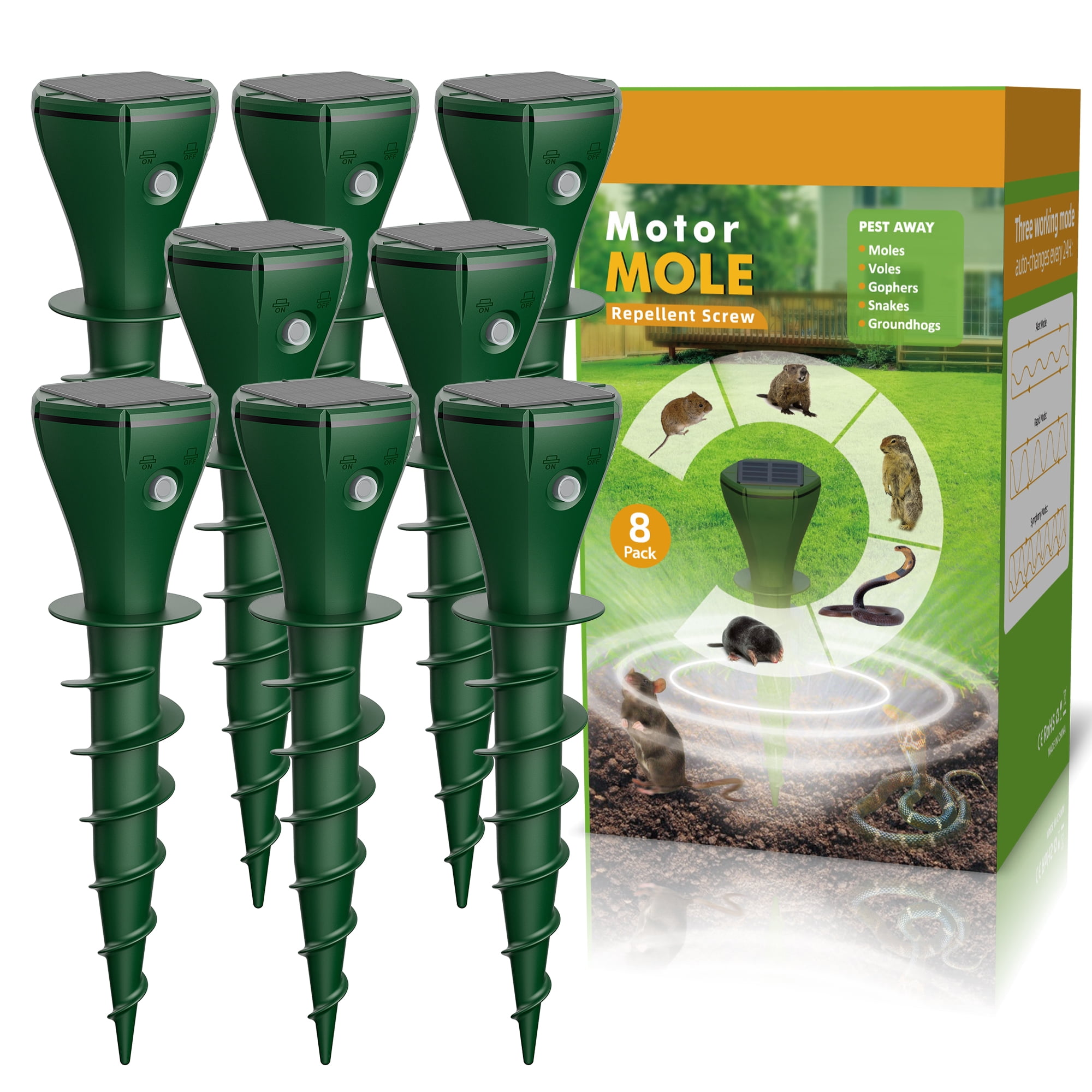 Decksplore 8 Pack Solar Powered Mole Trap with Screw-Shape Stakes, Mole Repellent, Ultrasonic Mouse Repellent, Safe and Effective Big Rats Controlfor Garden, Lawn, Yard, Farmland