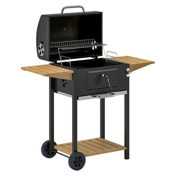 Charcoal Grill 245 sq.in. BBQ Grill Outdoor Adjustable Pan 3 Shelves Thermometer Wheels Black