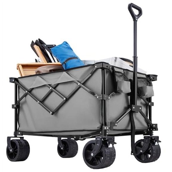 Collapsible Wagon with Wheels, Sports Wagon Carts Foldable, Heavy Duty All Terrain Wagon Folding Beach Cart with Big Wheels for Sand with Drink Holders for Camping Sports Outdoor A