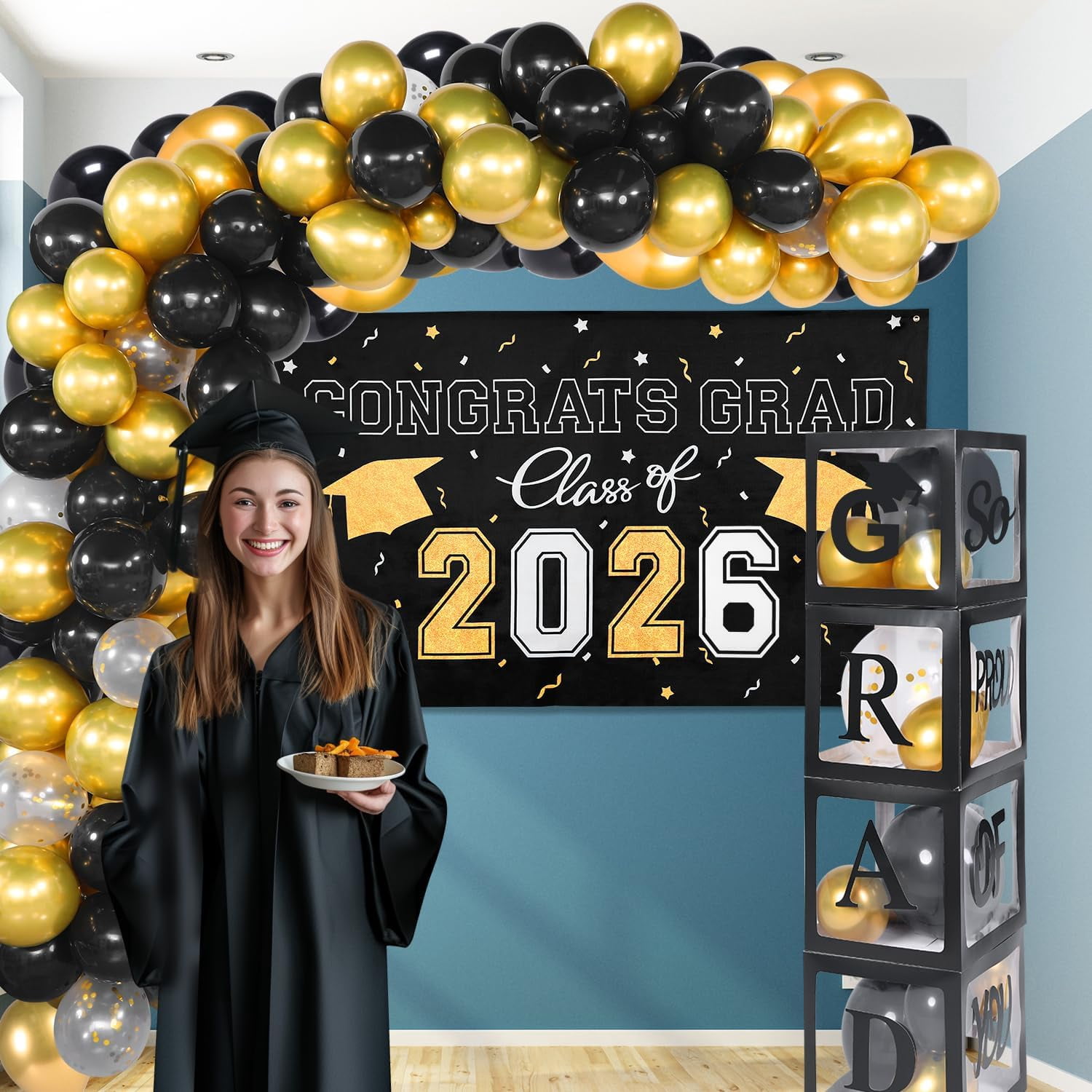 Graduation Decorations Class of 2026 ,Black and Gold Party include 4 Pcs Balloons Boxes with Letters, 110 Balloon Arch Kit Banner backdrop for Favors Decor