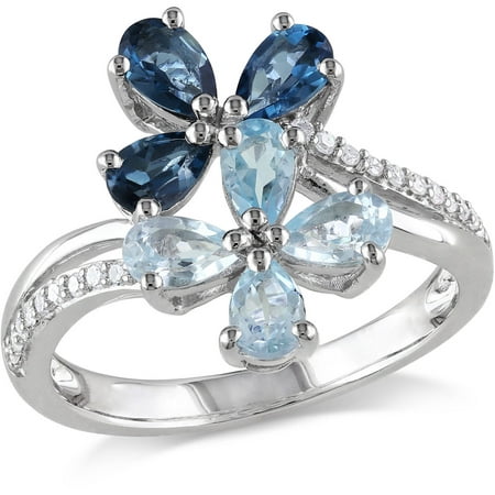 1-3/4 Carat T.G.W. Sky Blue Topaz and London Blue Topaz with Diamond-Accent Sterling Silver Bypass Flower Ring