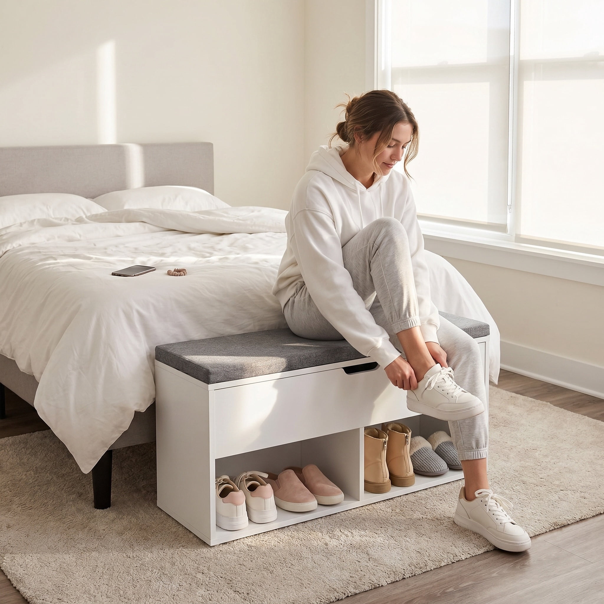 Nordic Hygge White Shoe Storage Bench with Gray Padded Seat and Hidden Compartment