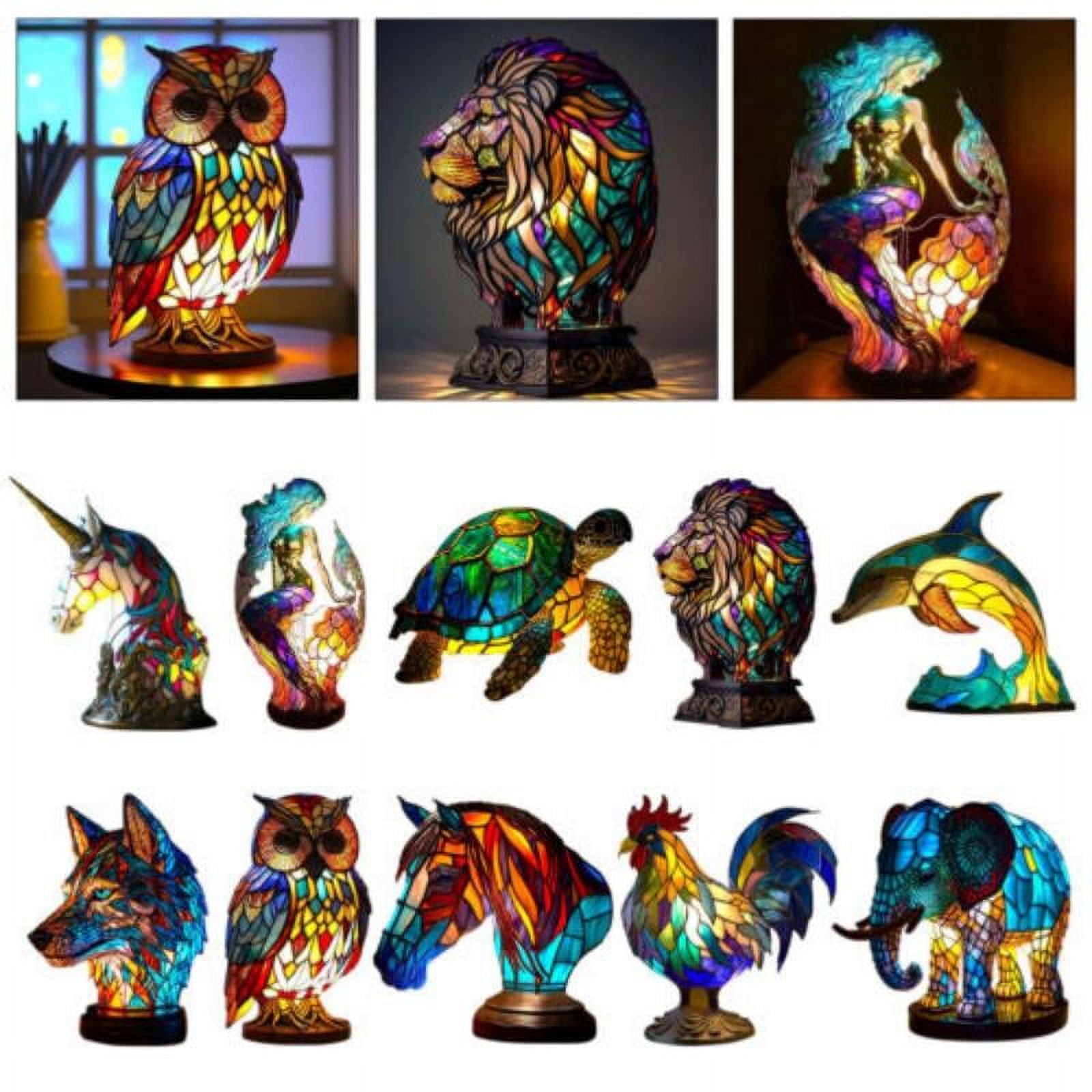 Angfeng Stained Resin Animal Night Light Resin Stained Glass Bedside Light Home Ornament(Dragon)