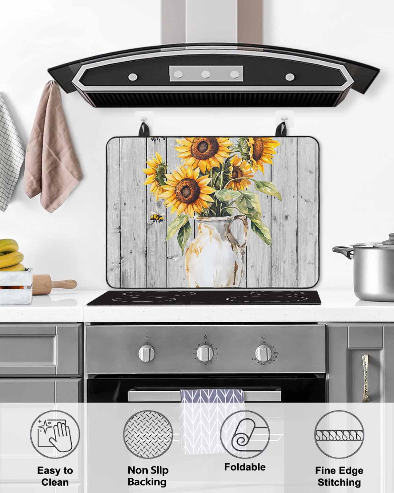 nqOlkjepod Large Induction Cooktop Protector Mat 31"x24", Yellow Sunflower Stove Top Covers for Electric Stove, Country Floral Grey Barn Wood Grain Stove Burner Cover Mats, Glass Top Stove Cover