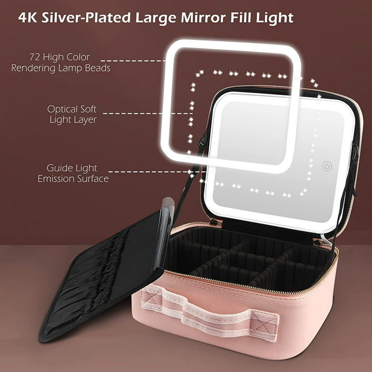 MOMIRA Travel Makeup Case with Large Lighted Mirror Partitionable Cosmetic  Bag Professional Cosmetic Artist Organizer, Waterproof Portable