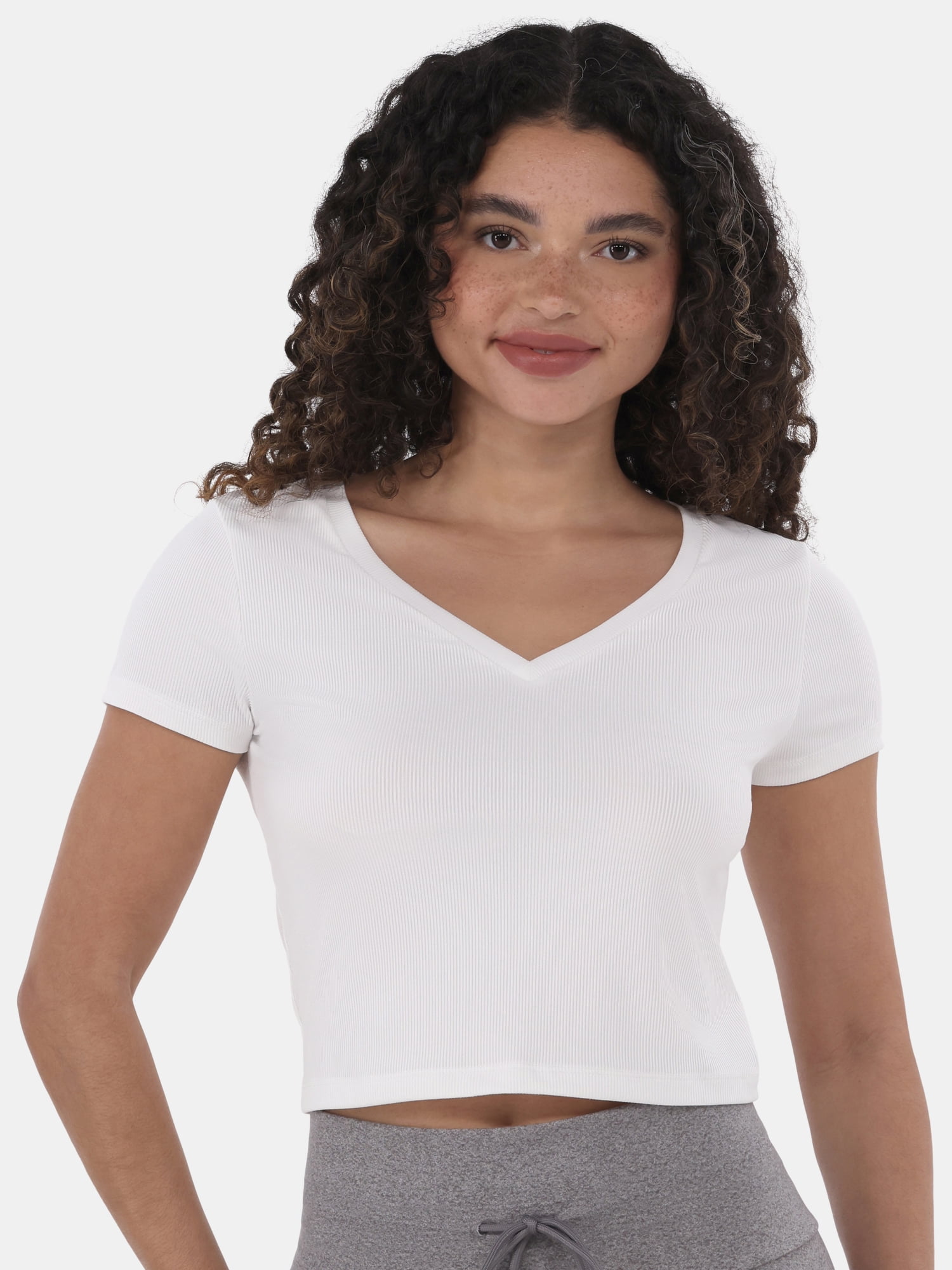 No Boundaries Women's V-Neck Crop Rib Tee Short Sleeve Stylish Fit