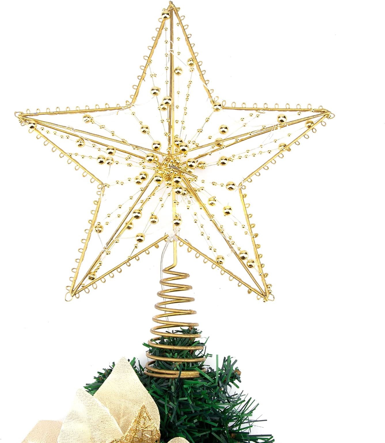 Christmas Tree Topper, 10 LEDS Tgnazet 9.84 Inch Christmas Star Tree Topper with Lights Beads, Battery Operated Tree Toppers for Christmas Xmas Tree Holiday Party Decor, Gold Star Warm White