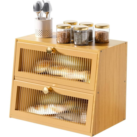 Large Double Layer Wooden Bread Box for Kitchen Countertop，Bread Storage Container Farmhouse BreadBox Bread Holder Bin (Natural bamboo)