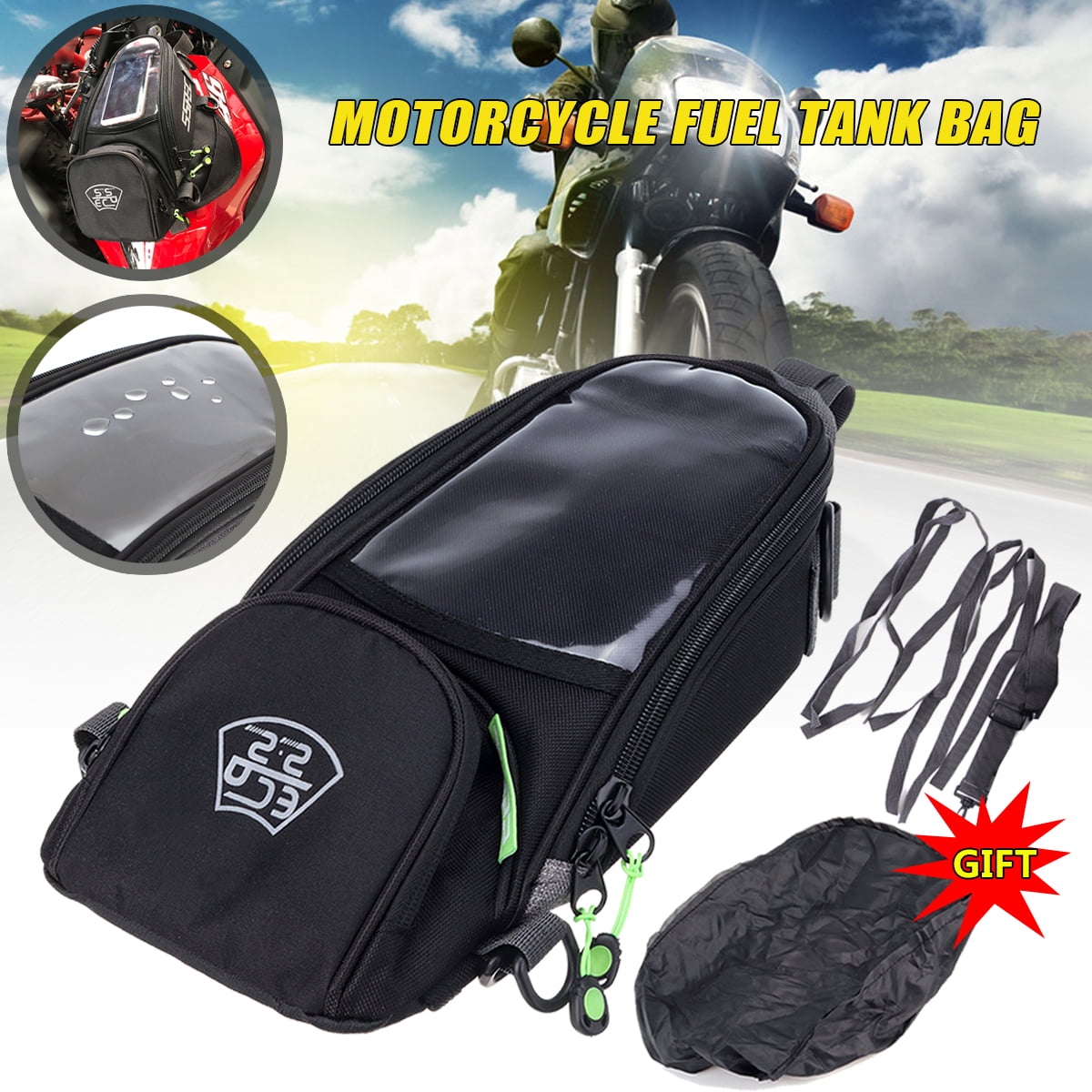 Black Universal Motorcycle Fuel Tank Bag Waterproof GPS/Phone Strong Magnetic Oil Tank Bag for Riding Traveling Motorbike Magnetic Tank Bag