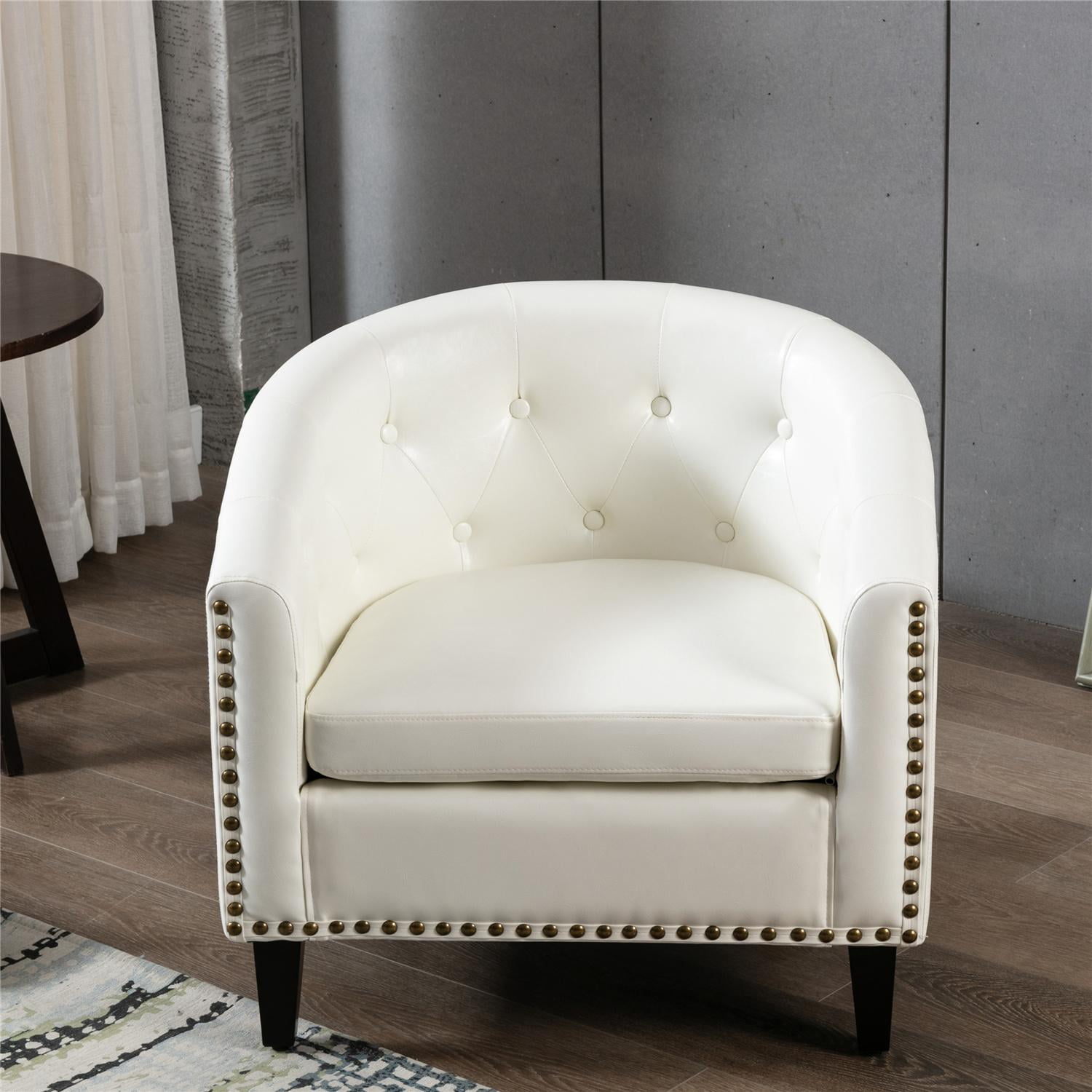 Leather Accent Chair, Tufted Wingback Barrel Chair for Living Room