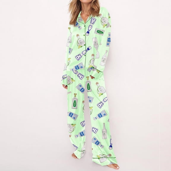 SheShow Tequila Bottles Silky Casual Long Sleeve Pajama Set for Women, Pale Green, S