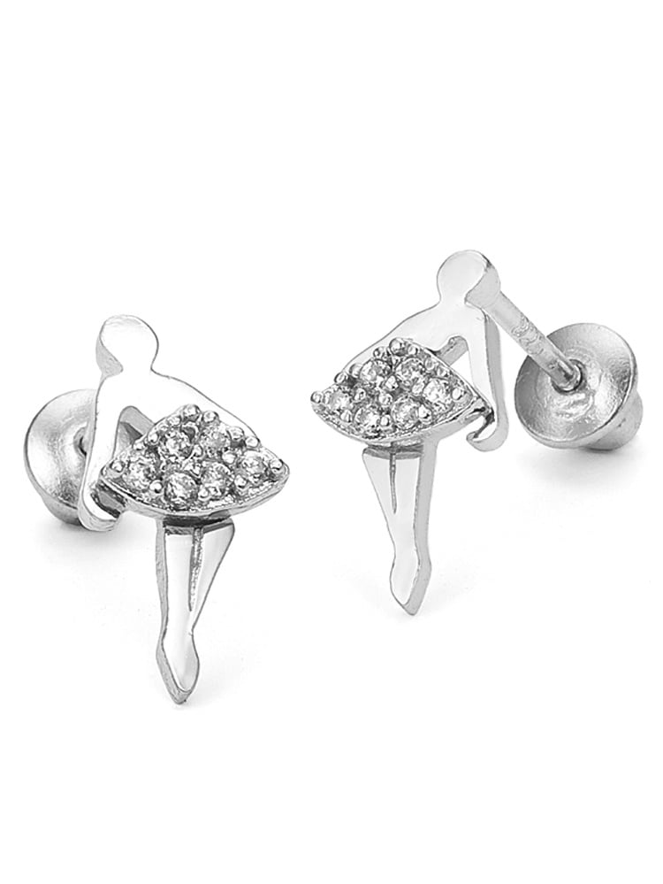 Sterling Silver Rhodium Plated Ballerina Cubic Zirconia Screwback Baby Girls Earrings