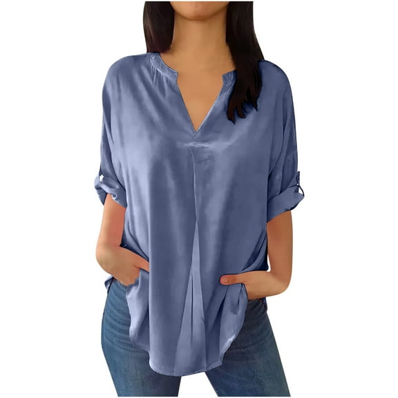 hxobax Women's Oversized Irregular Blouse Rolled-up Long Sleeve Tunic Tops V Neck Tshirts Plus Size