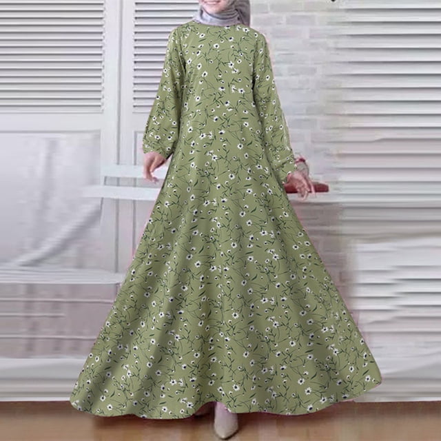 DondPO Robe à Manches Longues pour Femmes, Robe Maxi Robe Musulmane pour Femmes Robe Vintage Imprimée à Manches Longues Robe Musulmane Ample Longue Robes Décontractées, Robes d'Automne Longues Robes Robe Verte TG