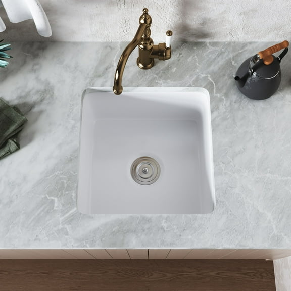 DeerValley  DV-1K507 Fireclay White Kitchen Sink with Grid and Strainer 18" Square Undermount