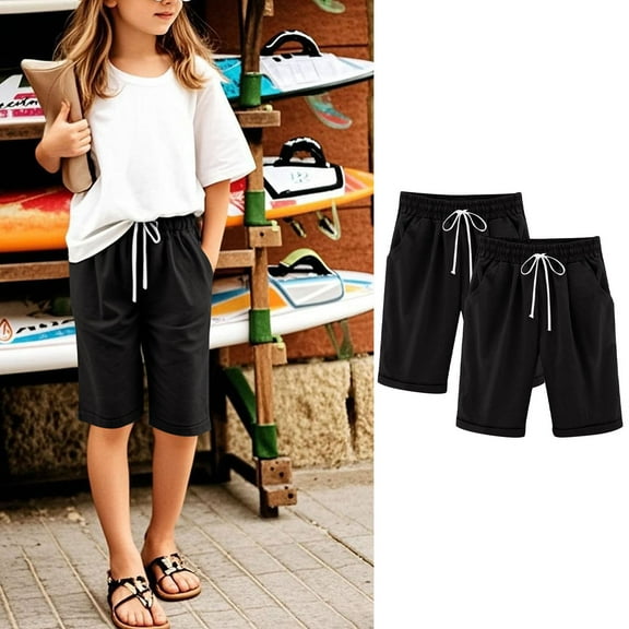 Cowsor Girl's Knee-Length Bermuda Casual Shorts with Elastic Waist Drawstring 2PC