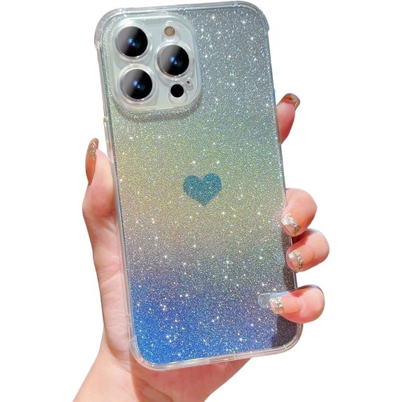 for iPhone 15 Pro Bling Glitter Case, Cute Heart Gradient Laser Holographic Iridescent Clear Case with Camera Lens Cover Protective Soft Shockproof Phone Cover for Women Girls (Blue Heart)