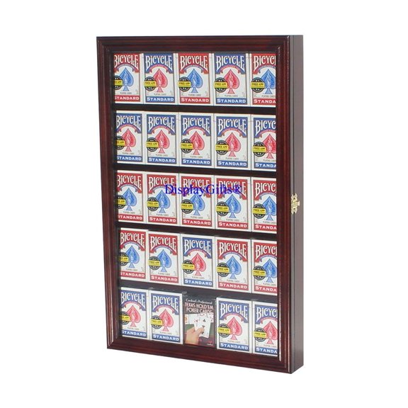 The Playing Card Frame - 25 Decks of Card Display Case Shadow Box Wall Cabinet, PKCC01 (Mahogany)