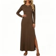 thumbnail image 5 of Ayolanni Split Fall Dresses Fitted Waist Long Sleeve Solid Crew Neck Maxi A-Line Dress Vacation Party Elegant Sundress Brown M, 5 of 7