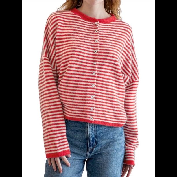 Suéter Tipo Cárdigan Informal de Cuello Redondo para Mujer, con Frente Abierto, Mangas Largas Onduladas, Tejido Corto Rojo M