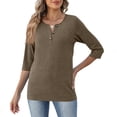 thumbnail image 5 of 3/4 Sleeve Womens Tops Henley V Neck Button Casual Tees Cotton Loose Fit Daily Wear T Shirts Camel 5XL, 5 of 5