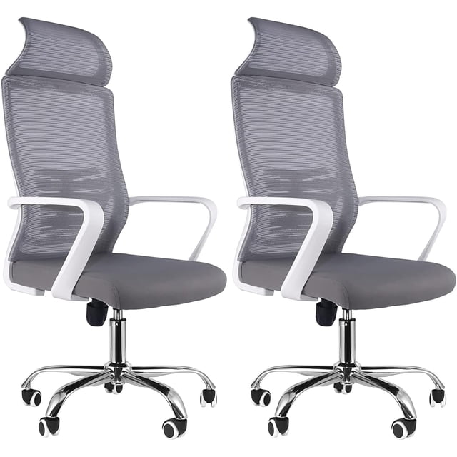 QRInnovations 2 x Ergonomic Office Chair, High Back Desk Chair with Lumbar Support, Upgraded Wheels, Height Adjusting, Swivel Computer Task Rocking Mesh Executive Office Chair - 2 x White