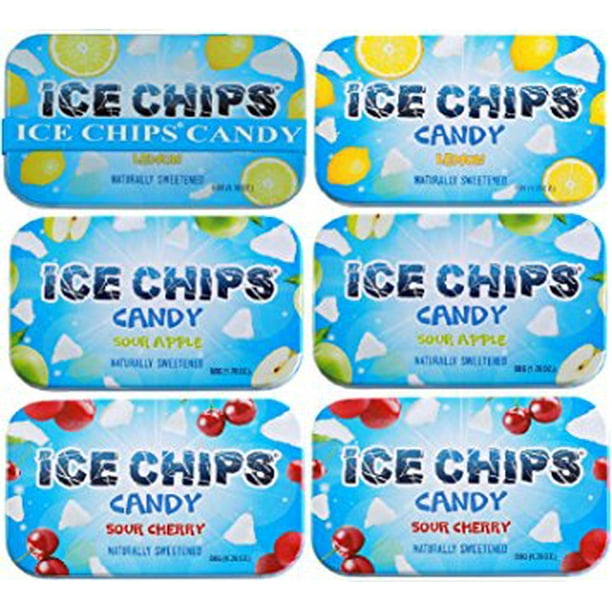 ICE CHIPS Xylitol Candy, Sour Pack (6 Tins)