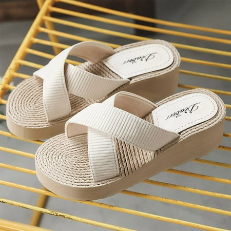

PEASKJP Arch Support Sandals Women s Breathable Women Summer Slippers Flat Fashion Beach Square Toe Slippers Casual Summer Shoes Beige 7.5