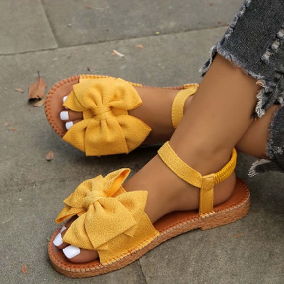 Xucatan Women's Bow Flat Sandals, Round Toe Open Toe Elastic Back Slippers, Jute Espadrille Sole Summer Shoes, Versatile Beach Casual Footwear Gift