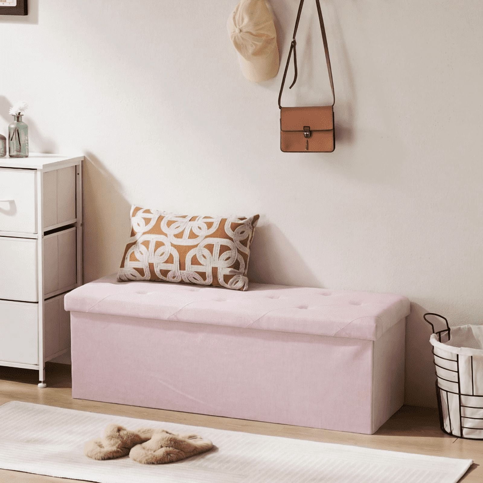 Telyra 43" Foldable Storage Ottoman Bench Fabric Footrest Stool with Foam Padded Seat, Pink