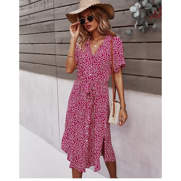 Women Floral Pleated Dress Summer Casual O-Neck Short Sleeve Ruched Bandage Midi Dresses Female Beach Boho Chic A Line DressesXL Gao Jinjia LED