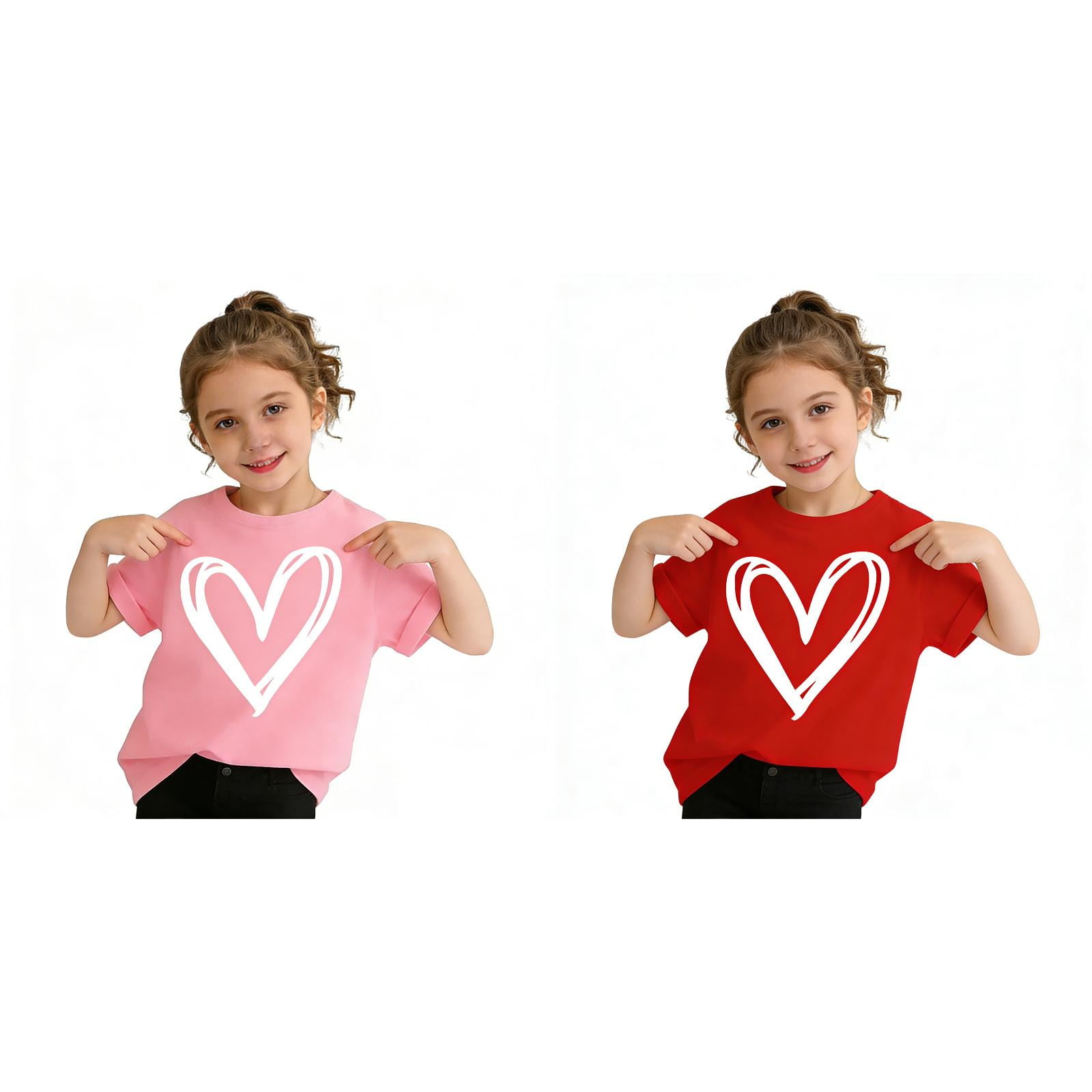 SGMVNU 2 Pack Girl s T Shirts Fashion Summer Short Sleeve Heart Print Graphic Tees Casual Loose Fit Basic Top Size 3-4 Years Pink & Red