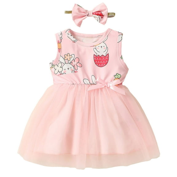 Odeerbi 2024 Toddler Baby Girls Net Yarn Easter Rabbit Flowers Print Sleeveless Bow Skirt Dress