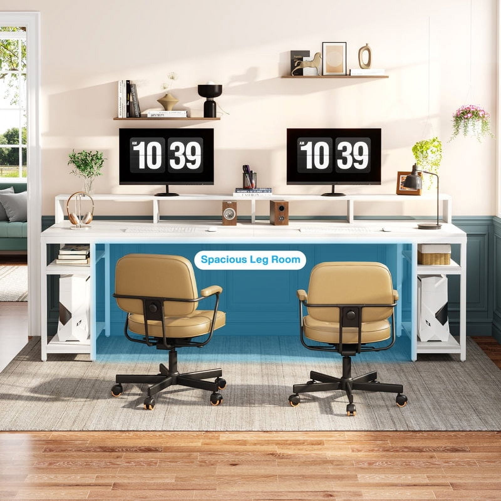 Tribesigns 78.74" Two Person Desk with Monitor Stand, Long Double Computer Desk with Storage Shelves for Home Office, White