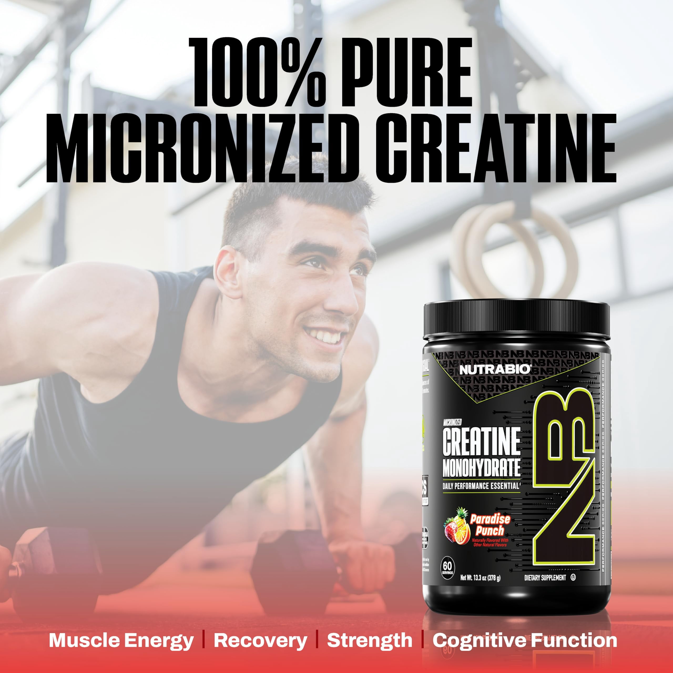 NutraBio Pure Creatine Monohydrate Powder Supplement, Paradise Punch (300 g) - Supports Bulk Muscle Energy, Recovery, and Strength - HPLC Tested Pure Grade Creatine Powder Supplement for Men and Wome
