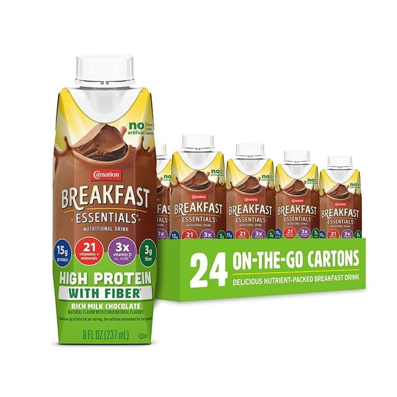 Carnation Breakfast Essentials High Protein with Fiber Ready-to-Drink, Rich Milk Chocolate, 8 FL OZ Carton (Pack of 24) (Packaging May Vary)