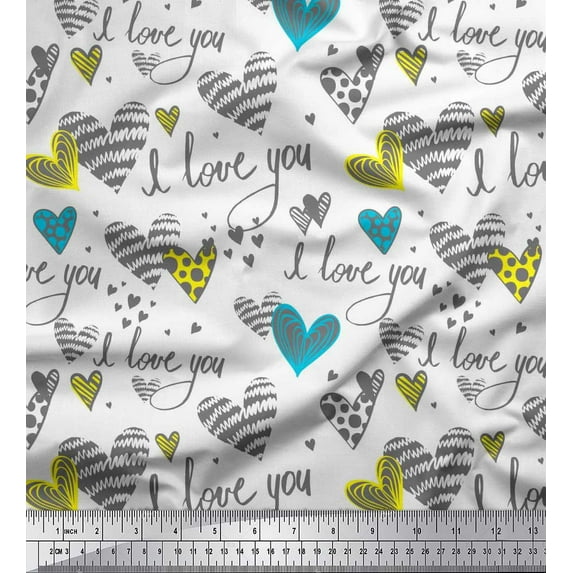 Soimoi White Satin Silk Fabric Heart & I Love You Text Printed Fabric 1 Yard 42 Inch Wide
