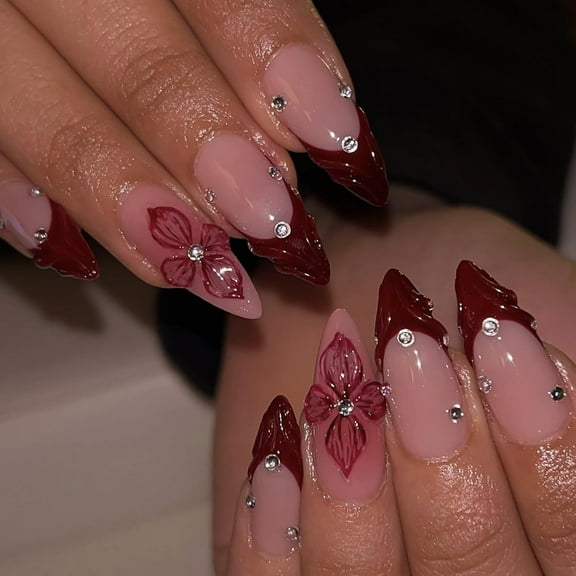 French Tip Press on Nails Medium Almond Fake Nails with Cherry Designs Glossy Nude Glue on Nails Acrylic False Nail Tips Cute French Press on Nails for Women Summer Finger Manicure Decorations 24Pcs