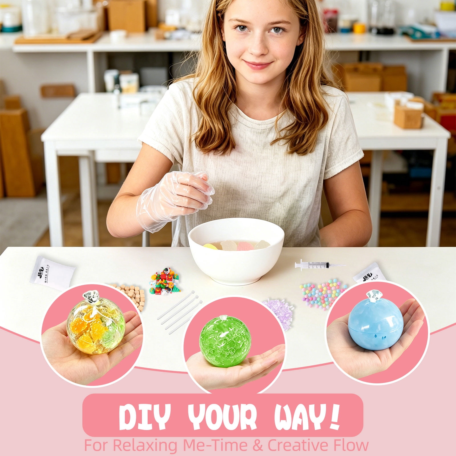 Natonhi DIY Stress Ball Making Kit-Easy DIY- 10 TPR Skins, 13 Fillers, 14 oz Slime, 7 oz Clay, Create ASMR Anxiety Relief Toys, Handmade Squishy Stress Balls Crunchy Relaxing