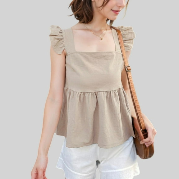 Women's Ruffle Sleeve Babydoll Top with Square Neckline - X Large, Khaki