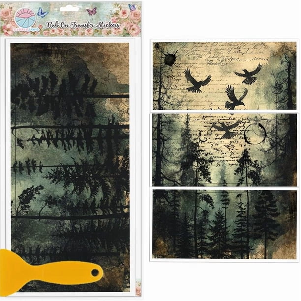 3 láminas de transferencia de Bosque Mágico (30 x 15 cm) con diseño de cuervo retro. Adhesivos UV autoadhesivos para decoración de paredes, muebles, habitaciones, escritorios y mesas.